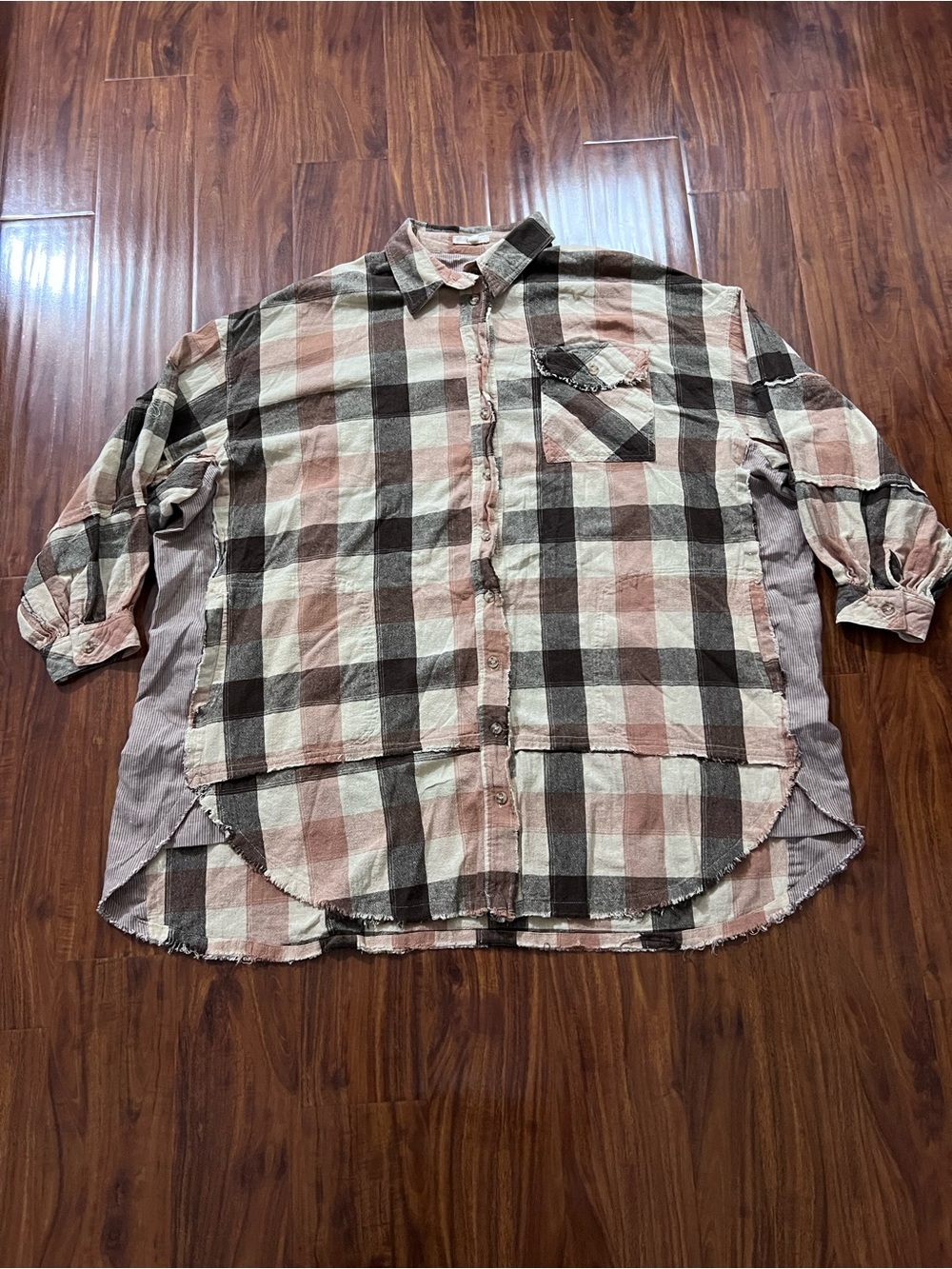 Easel Oversized Patchwork Brown Plaid Button Up Shirt size large